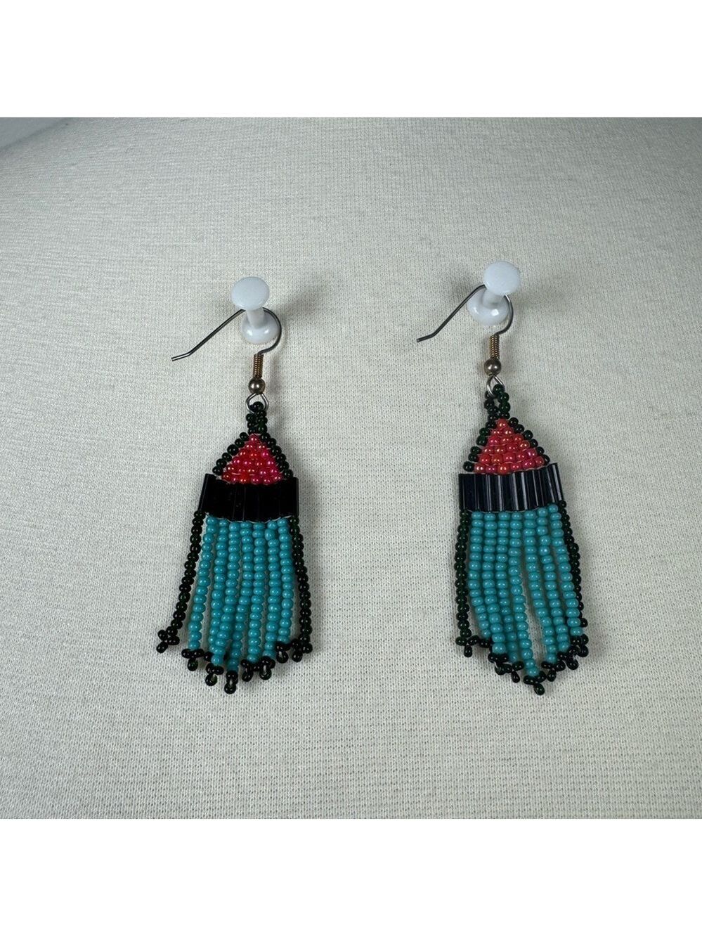 Beaded Dangle Earrings with Red and Teal Handmade Vintage